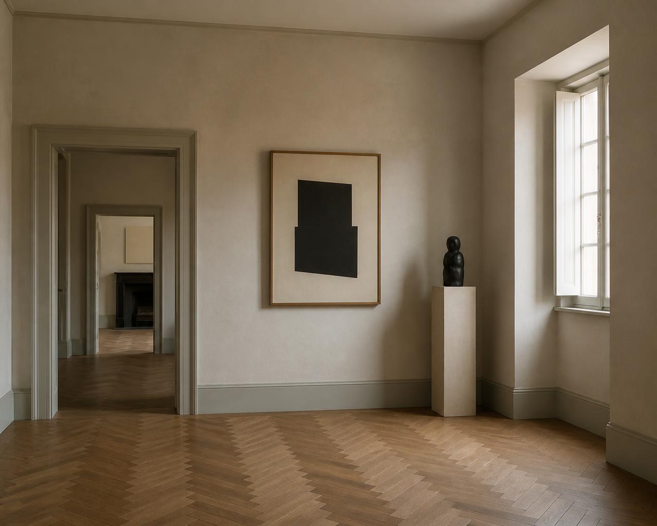 Quiet plaster-walled interior with a single framed work, a small sculpture on a plinth and an open doorway beyond
