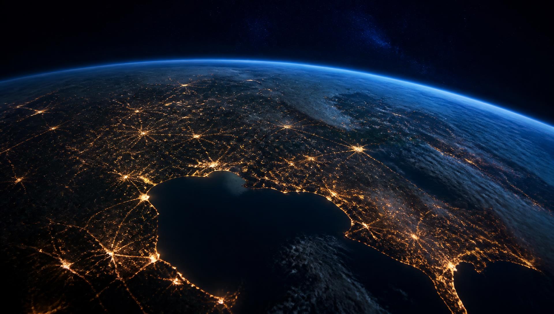 The curve of the Earth at night, city lights forming warm networks against deep blue-black space
